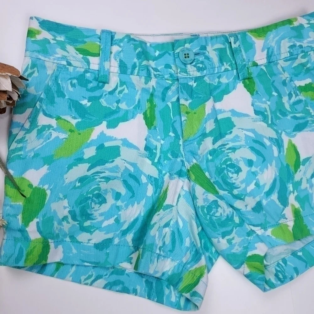 Lilly Pulitzer The Callahan Blue Lime White Floral Cotton Shorts Size 0 - Picture 16 of 16